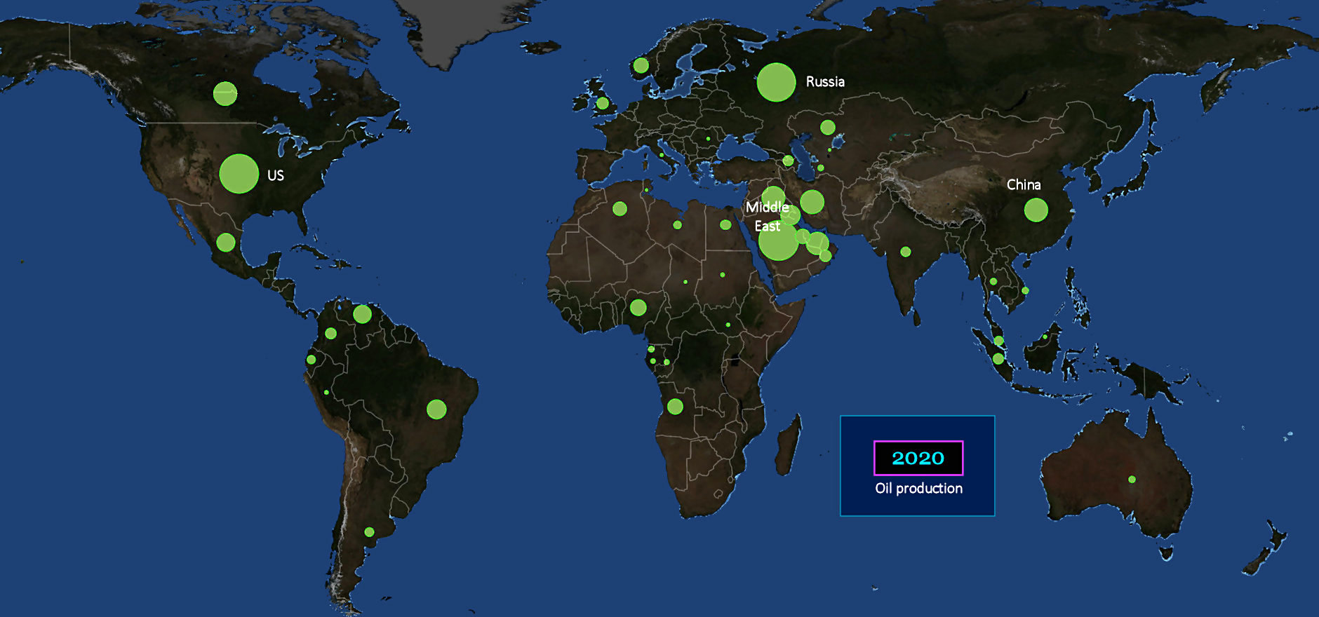 Global oil production, 2020 map